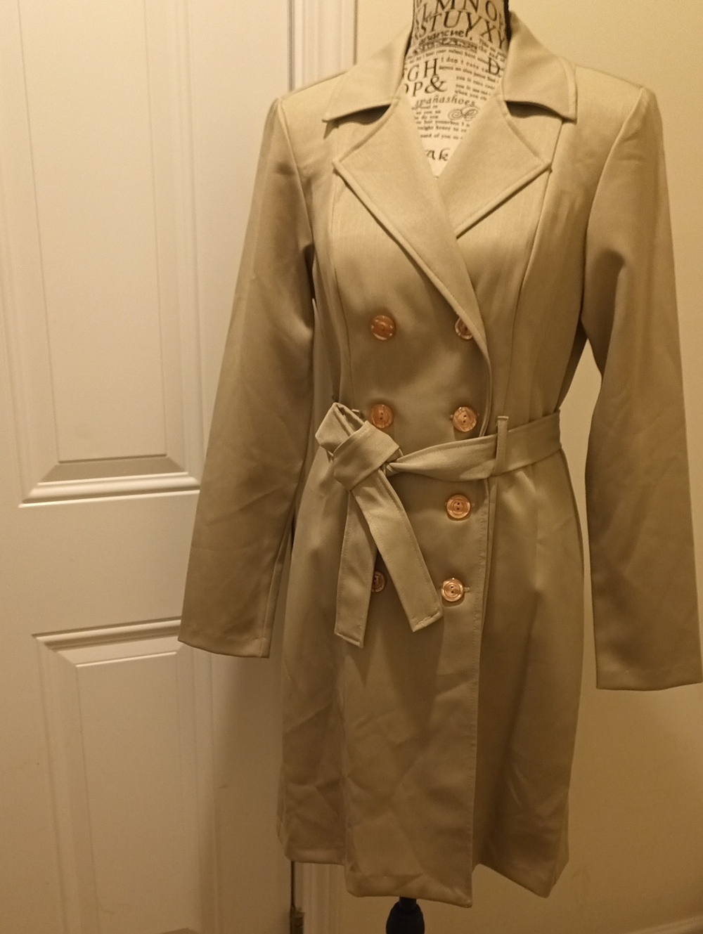 Women's Double-Breasted Trench Coat Style Dress with Self-Tie Belt - Cream/Taupe
